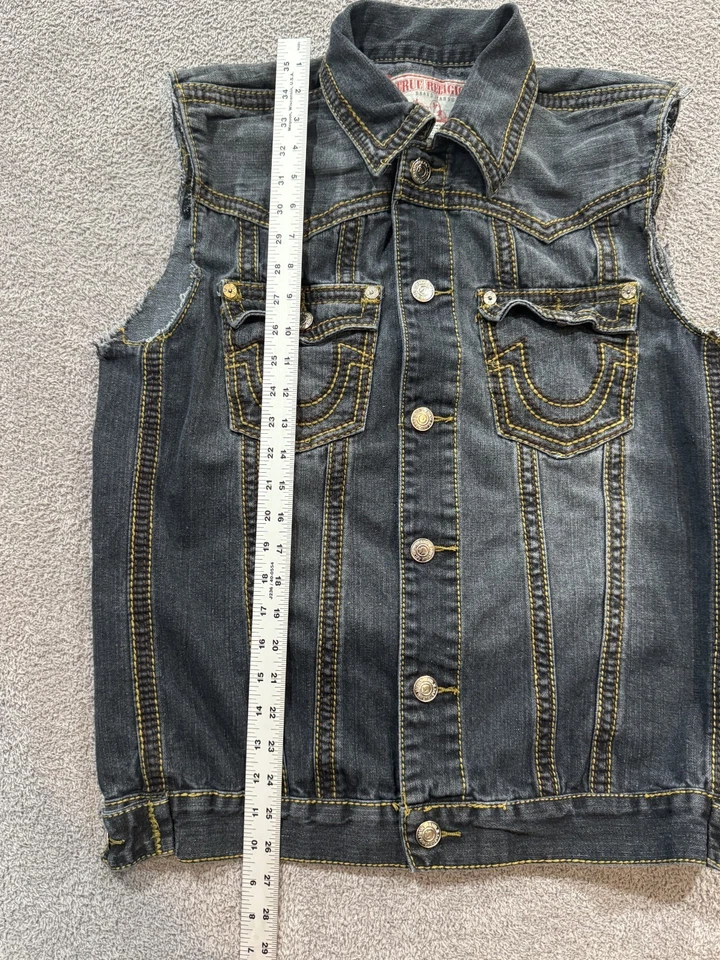 Chaleco de mezclilla True Religion XL para hombre Jimmy Big QT lavado oscuro gira mundial Foto 4 de 4