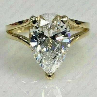 3Ct Pear Cut Old Mine Certified Moissanite Solitaire Ring 14K Yellow Gold Plated