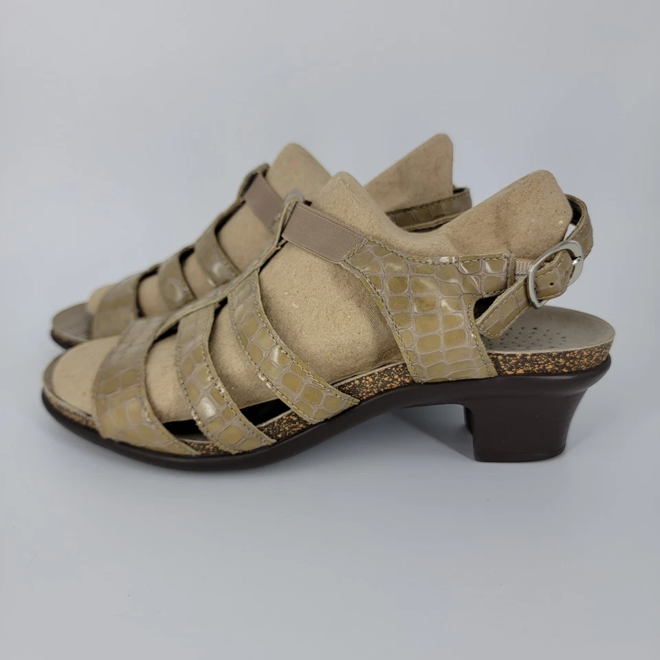 SAS Allegro Heeled Sandals Taupe Leather Croc Embossed Tripad Comfort Women's 9W - Image 3 of 4