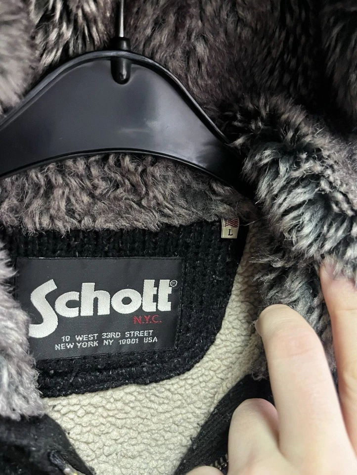 SCHOTT NYC L  Wool Sweater Jacket Coat Heavyweight Hoodie Fur Cable Knit BLACK - Image 3 of 4