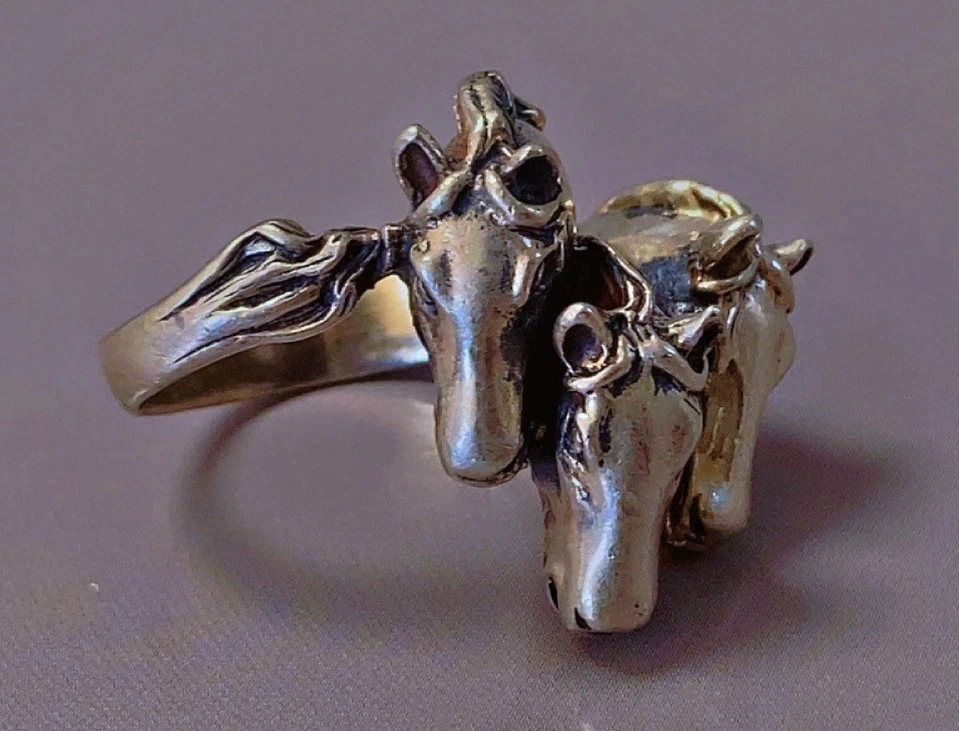 Bague tête de cheval bague argent massif old silver ring with 3 horse heads T58 - Photo 3/4