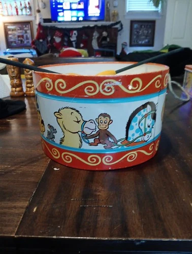 1950 J. Chein Lithographed Tin toy marching drum circus  9' diameter drumsticks