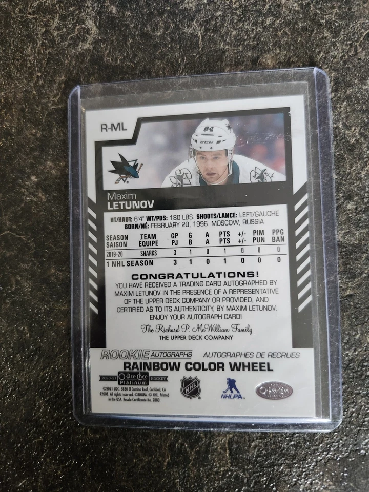 2020-21 O-Pee-Chee Platinum Rookie Auto Rainbow Color Wheel Maxim Letunov R-ML - Image 2 of 2
