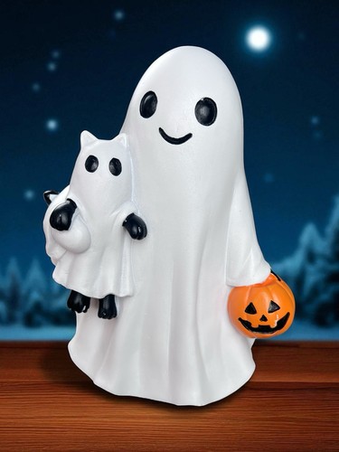 Figura de gato con fantasma de Halloween con cubo de calabaza linda decoración espeluznante NUEVO