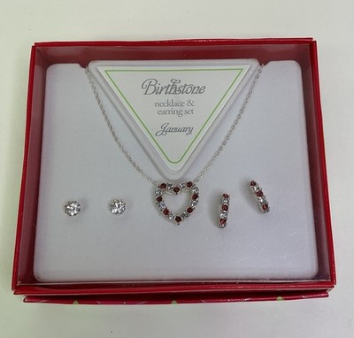 Open Heart JANUARY Birthstone 3 Pc Necklace & Earrings Set Red White Gift Box