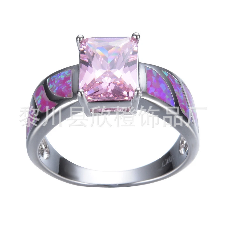 Woman Square Cut Pink Fire Opal Kunzite Gemstone Platinum Plated Ring Size 6-10 - Image 2 of 4