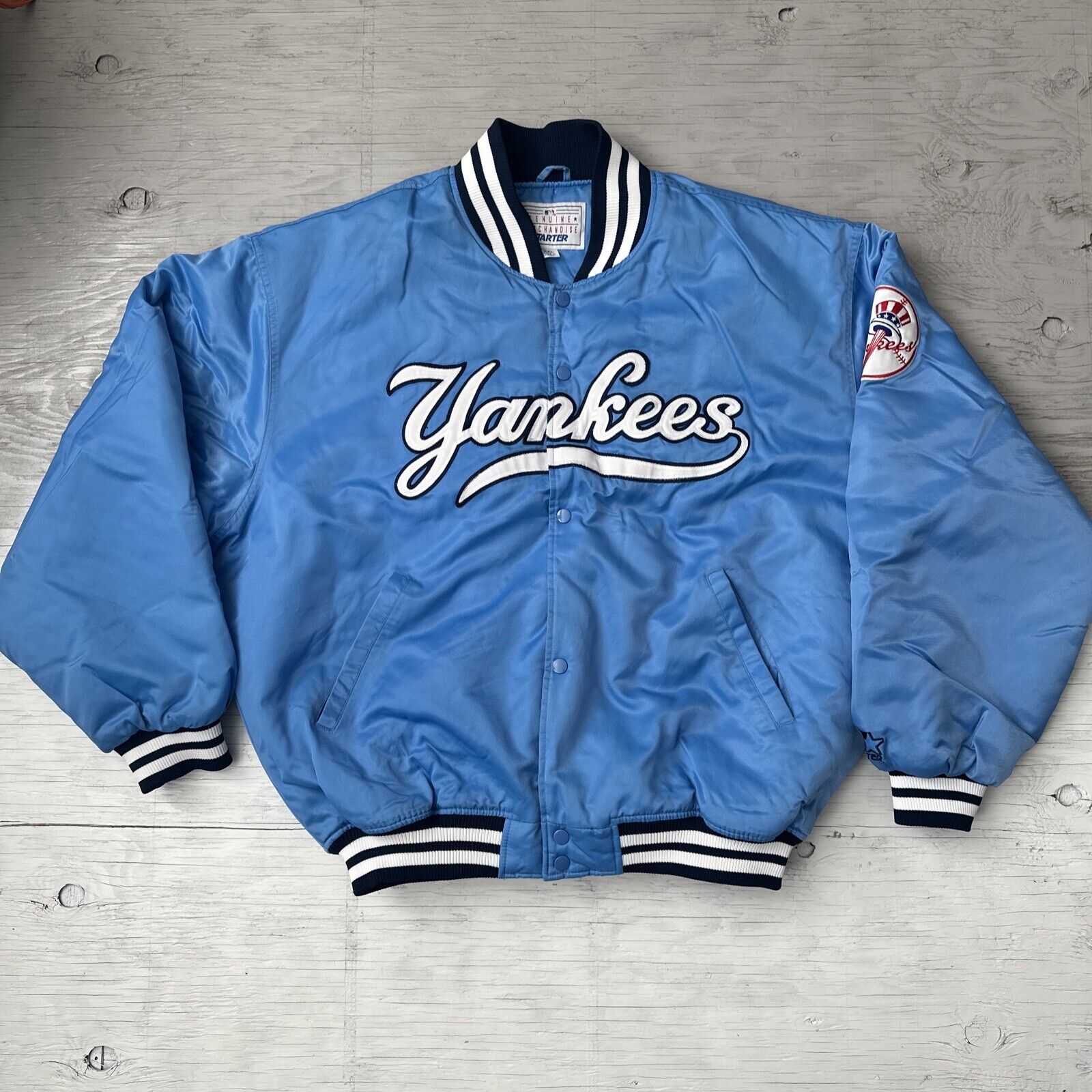 RARE! Vintage MLB Baseball New York Yankees satin baby blue starter jacket  2XL