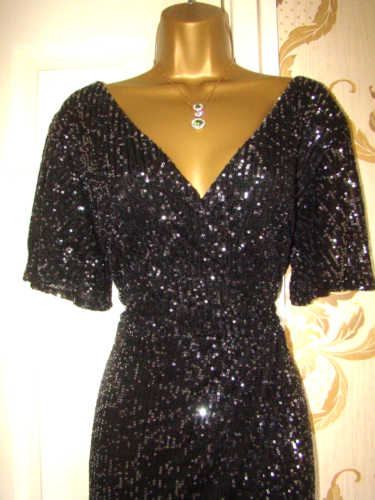QUIZ SEQUIN SIZE 14 BLACK SILVER EVENING PARTY PROM CRUISE MAXI DRESS GOWN - Picture 3 of 10