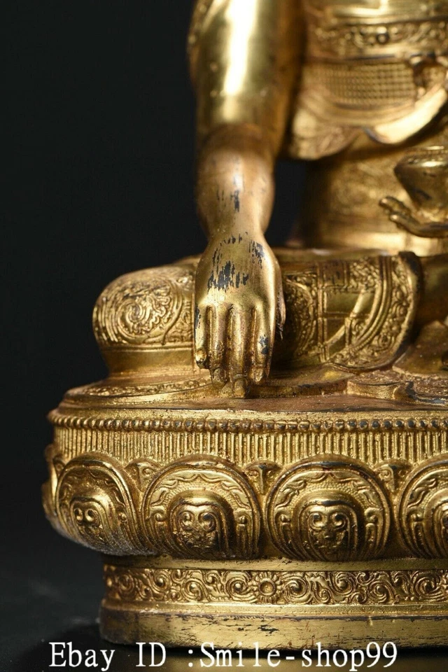 11.4" Antiguo Nepal Bronce Dorado Pintura Shakyamuni Sakyamuni Amitabha Buda Estatua Foto 3 de 4
