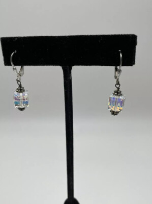 Sterling Silver AB Cube Swarovski Elements Crystal Drop Earrings. C55