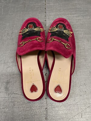 GUCCI Red Velvet Princetown Angry Cat Mule Embroidered  display picture 3