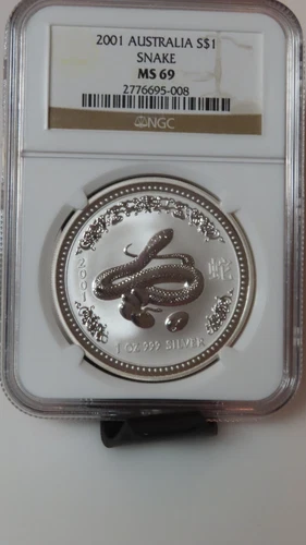 2001 Year of the Snake Lunar Zodiac Australia 1 oz 999 silver NGC MS69 proof hot