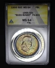 1955 Franklin Half  Dollar ANACS Graded MS64 FBL Rainbow Color Toned Bugs Bunny