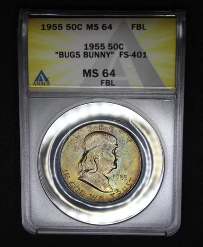 1955 Franklin Half  Dollar ANACS Graded MS64 FBL Rainbow Color Toned Bugs Bunny