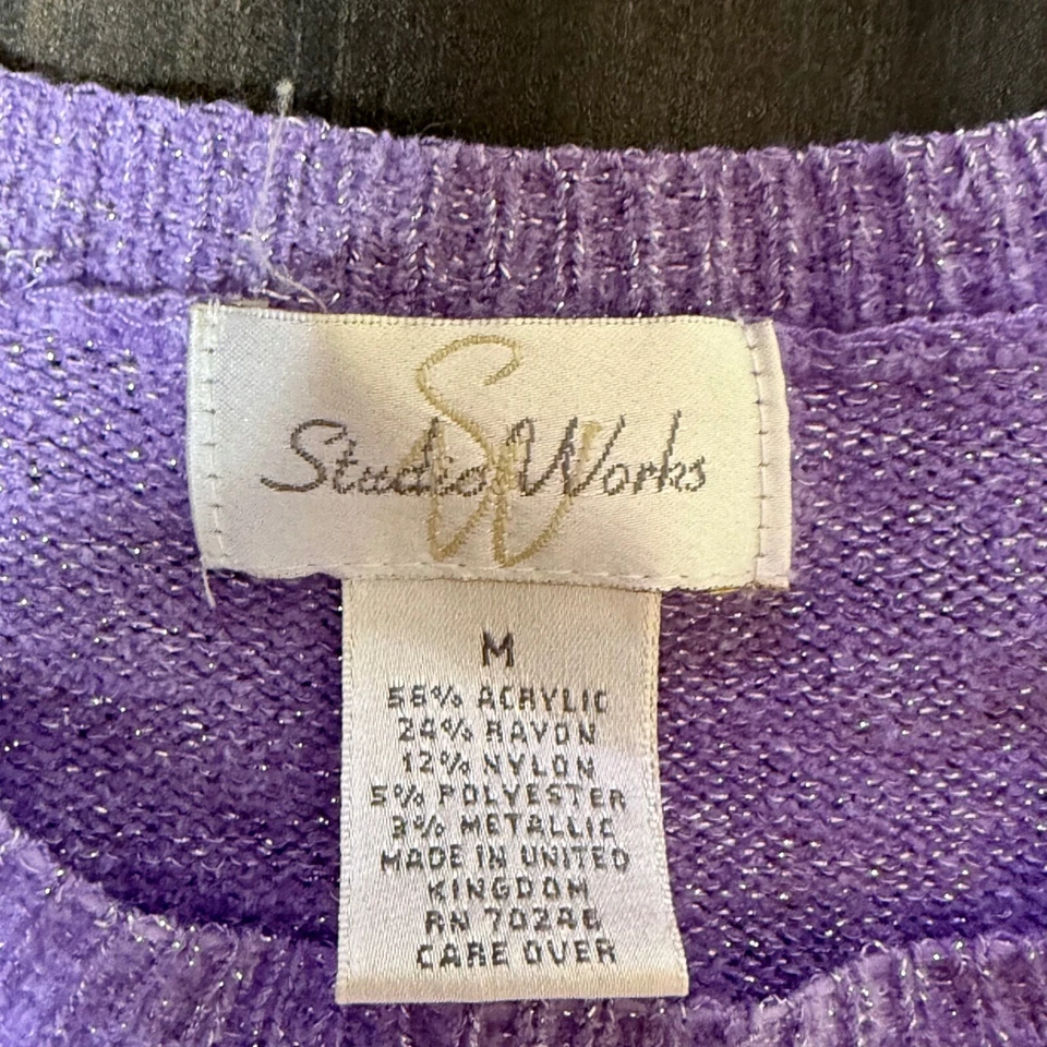 Suéter Studio Works Púrpura Tejido Brillante Cuello Redondo Pullover Top Mediano Foto 2 de 3