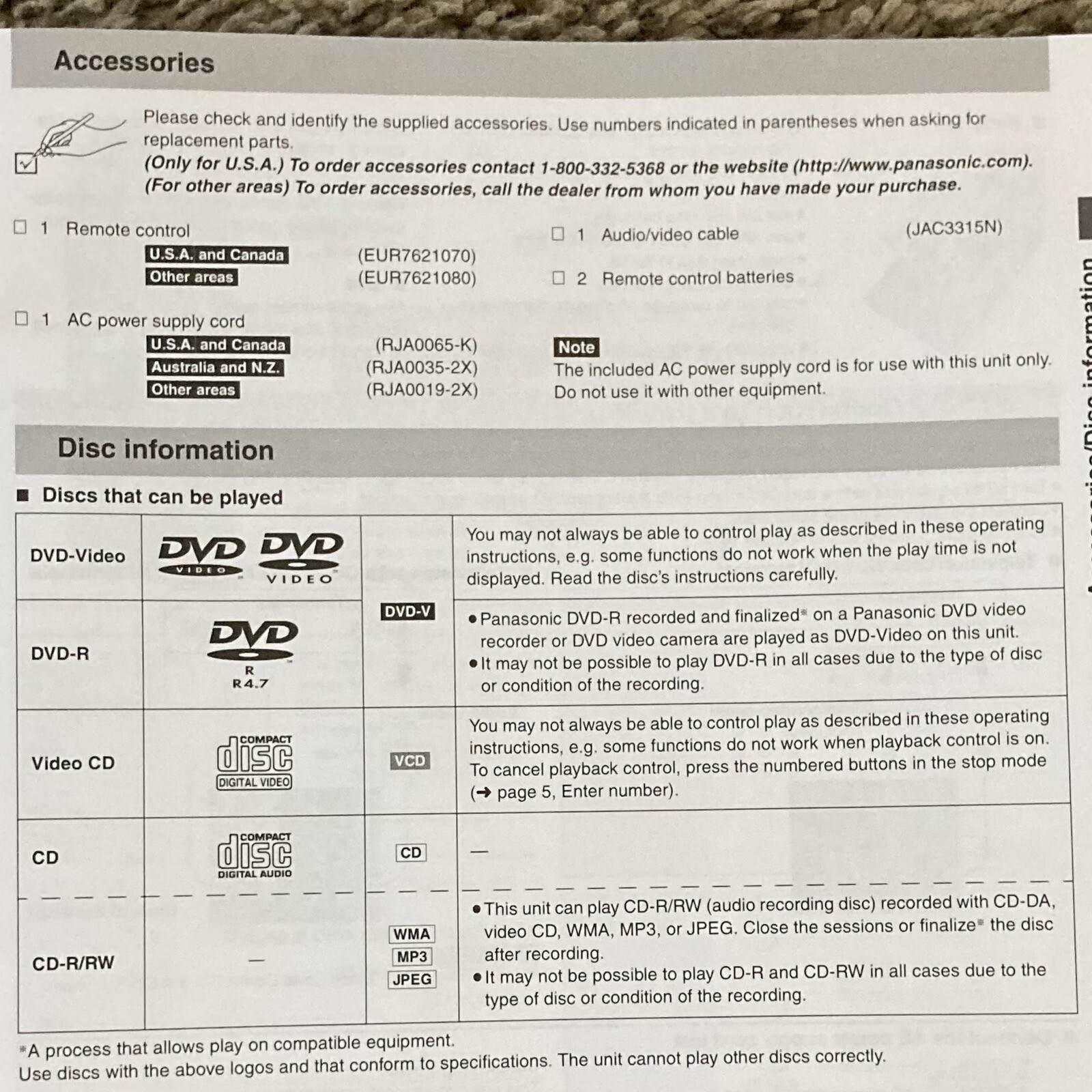 PANASONIC DVDS25 DVD/CD PLAYER Power Cord Input Cables Remote