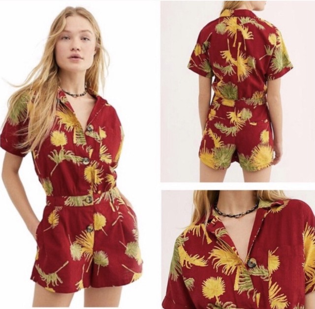 People Malibu Romper Red Tropical Print Button Front Short Sleeve Large For Sale Online Ebay