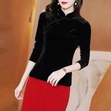 Damen Samt Cheongsam Retro Hemd Slim Fit Top Langarm Knöpfe Bluse Einfarbig