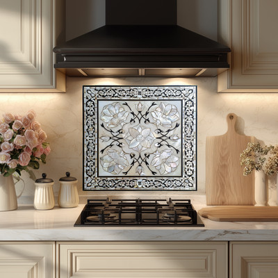 USA Made Tempered Glass Backsplash - Modern Floral Stove Backsplash Wall Art