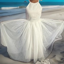 Girls White Formal Lace Cap Sleeve Dress Tulle Skirt Pearl Waist 7-8Y