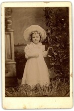 Cabinet Card Circa 1890s Little Curly Girl In Lace Bonnet White Dress Unmarked