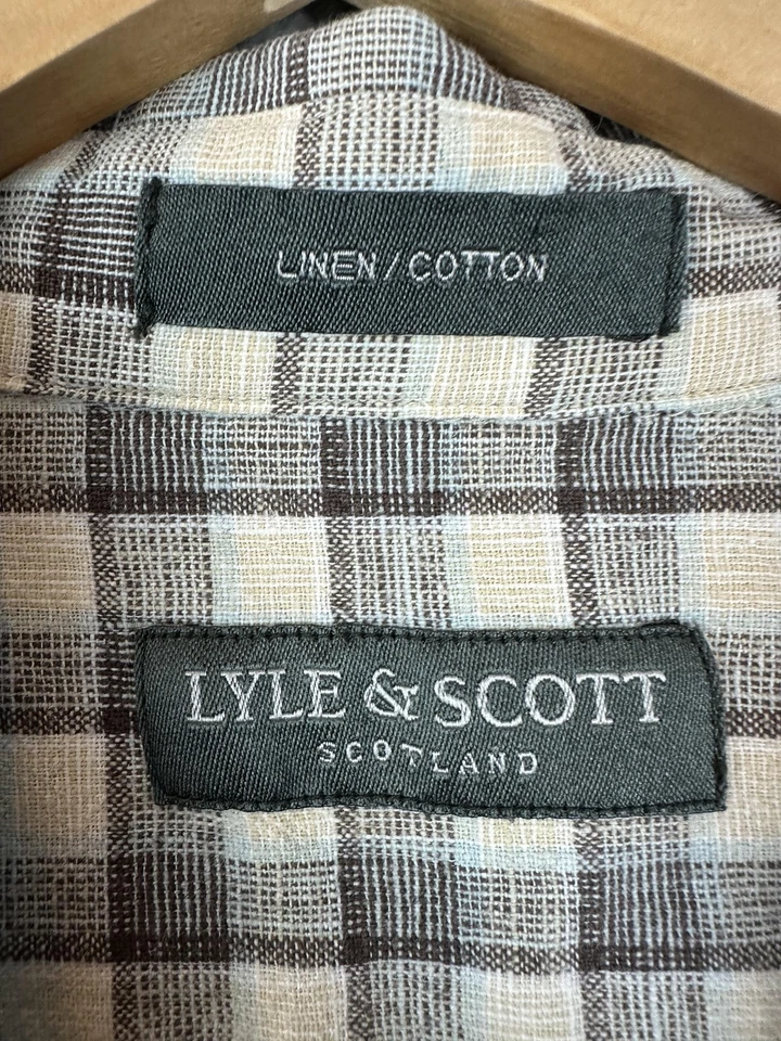 Lyle & Scott Shirt Mens Large Brown Blue Plaid Linen Blend Short Sleeve Casual - Image 3 of 4