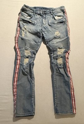 Rue21 Men s Jeans 32x34 Premium Skinny Supreme Flex Red Stripe Distressed Moto