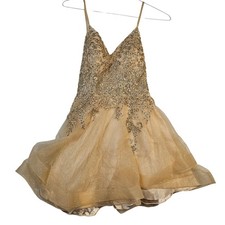 May Queen Couture Gold Glitter Tulle Lace Sequin Mini Dress 1816 Size 12