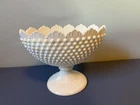 VTG FENTON WHITE MILK GLASS HOBNAIL PEDESTAL OVAL COMPOTE BOWL SAWTOOTH RIM