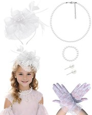 Girls Tea Party Fascinators Hats with Lace Gloves Pearl Necklace Earring White
