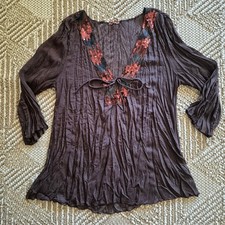 VTG Y2K Whimsigoth Fairycore Crinkle Blouse Beaded Sequin Brown Boho Top XL