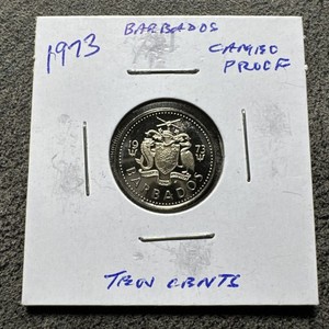 1973 BARBADOS Trafalgar Fountain Arms Ultra Cameo Proof. 10 Cents. UNC. Shiny.