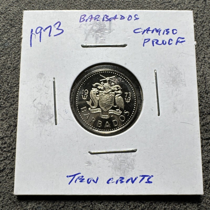 1973 BARBADOS Trafalgar Fountain Arms Ultra Cameo Proof. 10 Cents. UNC. Shiny.