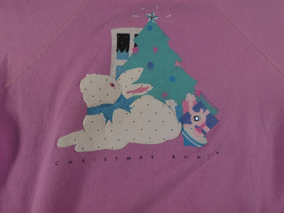 Sudadera Vintage Navidad Mujer Mediana Rosa Conejito Vacaciones Linda Hecha EE. UU. 90s Foto 2 de 4