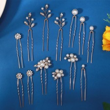 13 Pieces Pearl Crystal Bridal Hair Pins Rhinestone Flower Wedding Gold Hair ...