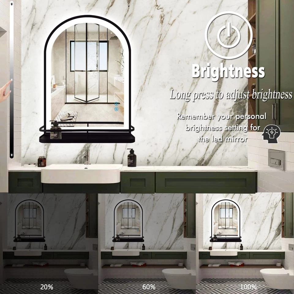 Espejo LED de baño de arco negro de 20 x 30 pulgadas con estante de almacenamiento 3 colores arqueado... Foto 2 de 4