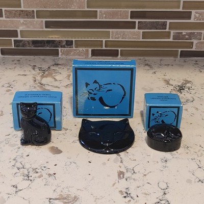 Vintage Avon Kompact Kitten Set Of 3 Mirror, Pill Box, Measuring Tape Black 