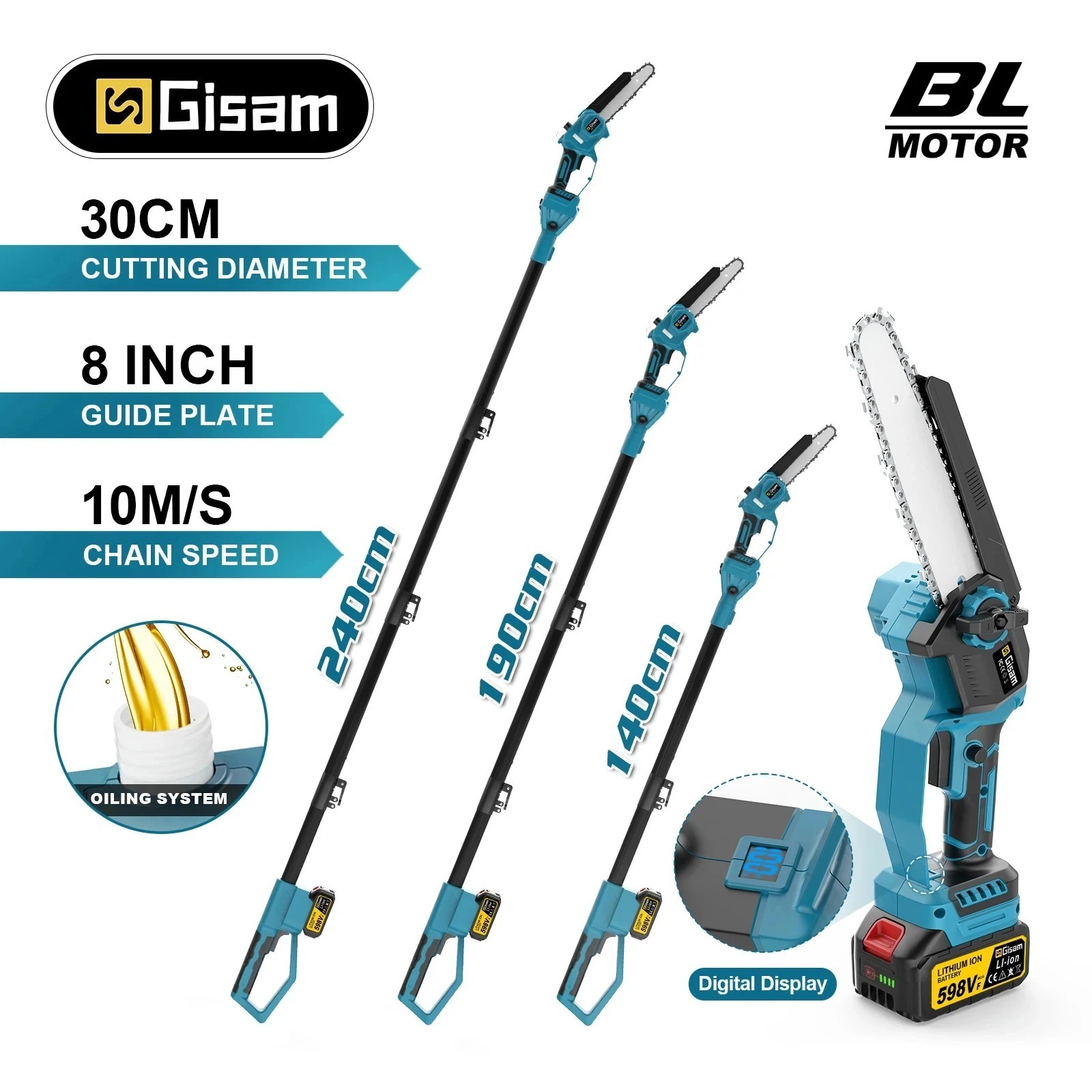 Tronçonneuse télescopique Gisam 8 pouces brushless pour élagage de jardin en hauteur