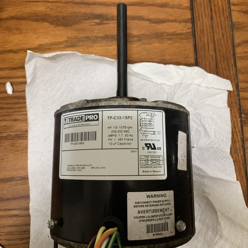 TRADEPRO TP-C33-1SP2 motor 1/3hp 1075 rpm 208-230 VAC. USED