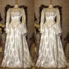 Ivory Square Neck Medieval Evening Dress Vintage Victorian Appliques Renaissance