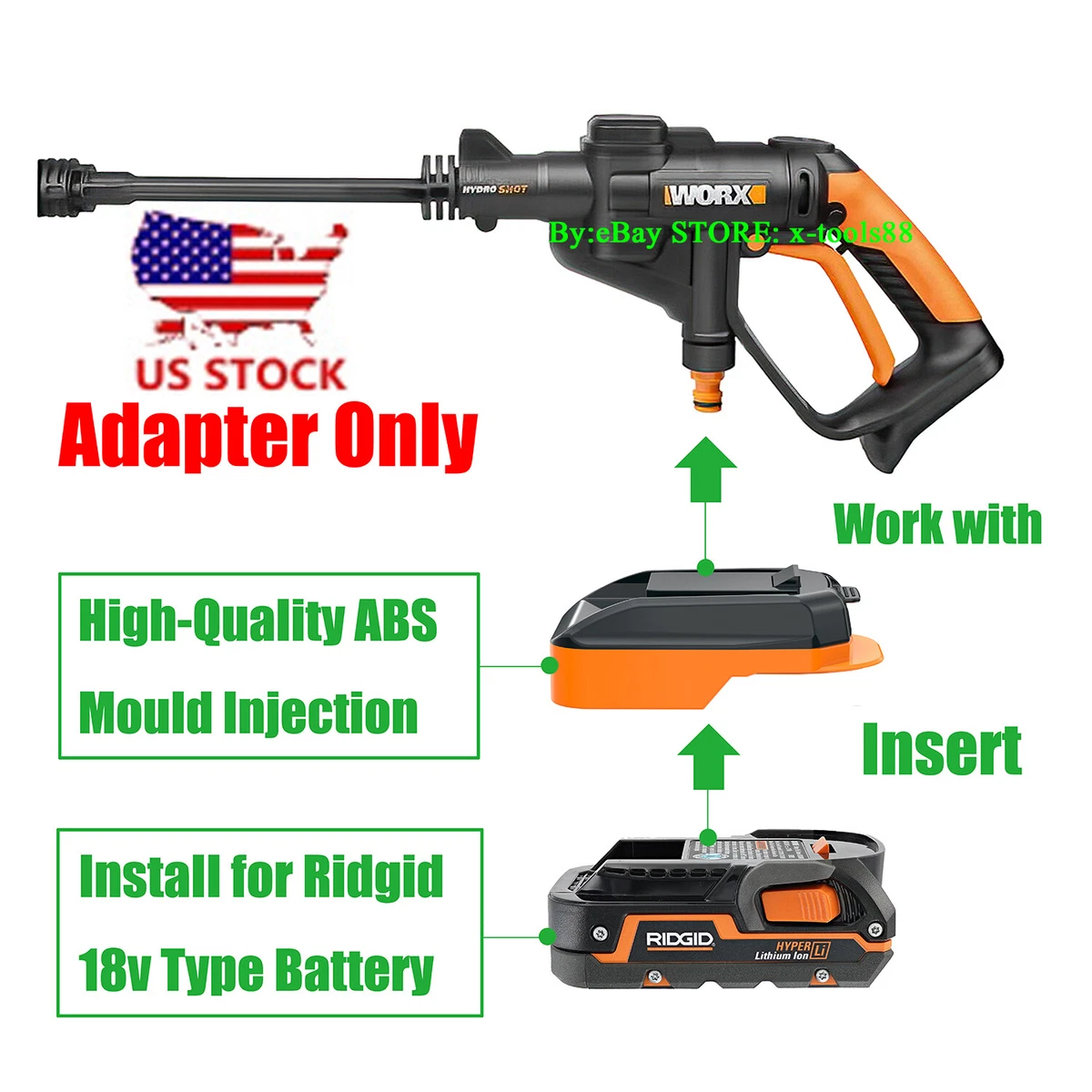 RIDGID 18V BATTERY TO WORX 20V HYDROSHOT CLEANER TOOLS ADAPTER (USA  STYLE-ONLY)