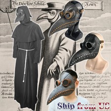 Plague Doctor Hooded Robe Cloak Cape w/Mask Cosplay Costume Complete Set
