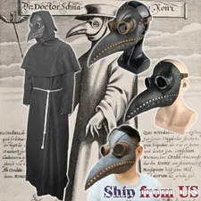 Plague Doctor Hooded Robe Cloak Cape w/Mask Cosplay Costume Complete Set