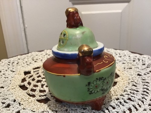 Vintage Japanese Satsuma Moriage Incense Burner Footed W/ Gold Foo Dog 3 1/2” Ta - Picture 3 of 6