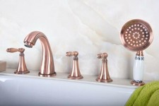 Red Copper 5 Holes Roman Tub Faucet with Handheld Spray Deck Mount Shower Set