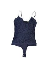 NWT Express V Neck Navy Blue Lace Overlay Smocked Elastic Back Bodysuit XS