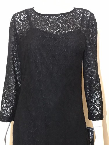 Sharagano Neu mit Etikett Damen schwarz Stretch Langarm Spitzenwechsel mit Slip Kleid Größe 10 - Bild 2 von 20