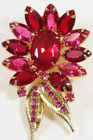 Rhinestone Crystal Brooch Pin Cherry Red Flower Leaf Vtg Prong Exquisite D1617