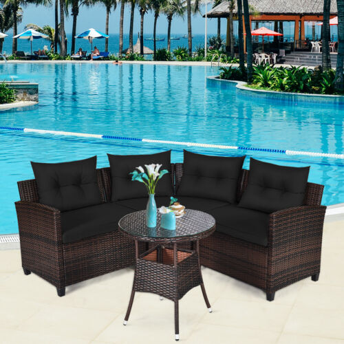Patiojoy 4PCS Outdoor Patio Rattan Furniture Set Cushioned Sofa Table Black