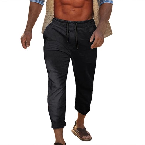 Mens Drawstring Cotton Linen Pocket Casual Solid Color Summer Loose Beach Pants - Bild 4 von 17